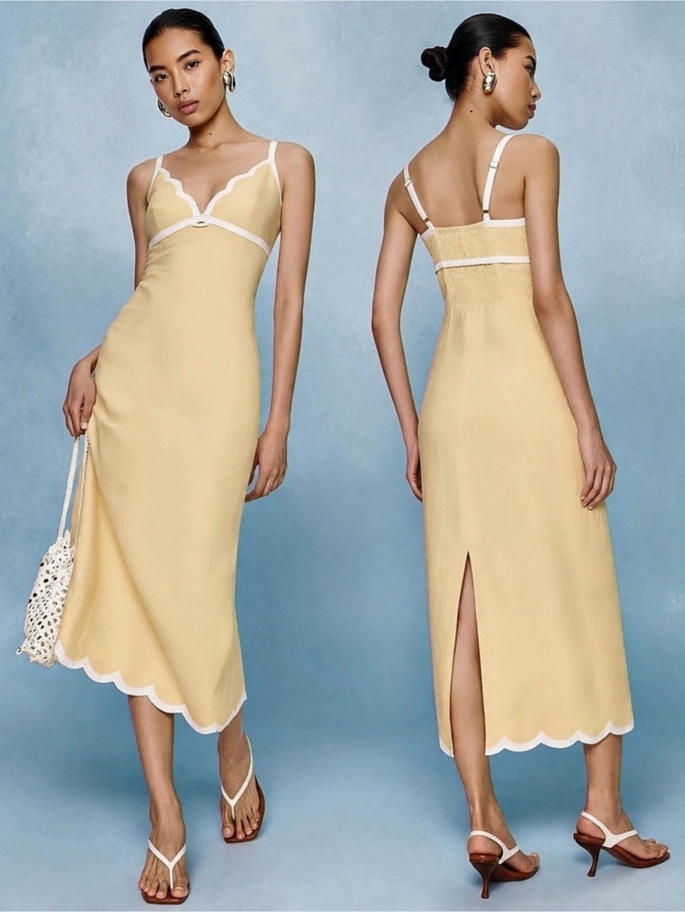 Reformation Sara Linen Sleeveless Midi Scalloped Hem In Butter Yellow Dress 4